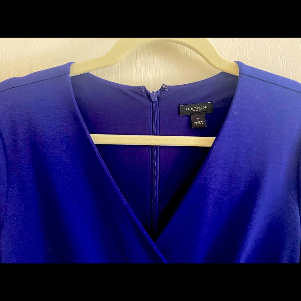 Ann Taylor cobalt faux wrap dress with silver buttons